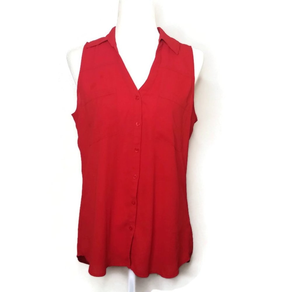 Express | Red Sleeveless Sheer Button Down Portofino Blouse Medium